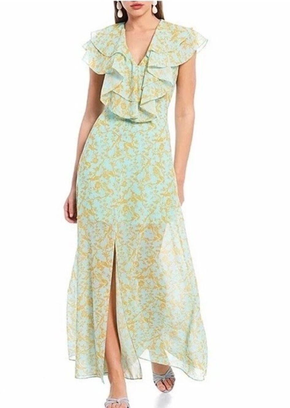 $295 Sachin + Babi Annemarie Ruffle Maxi Dress Blue Yellow Floral Coquette Sz 6